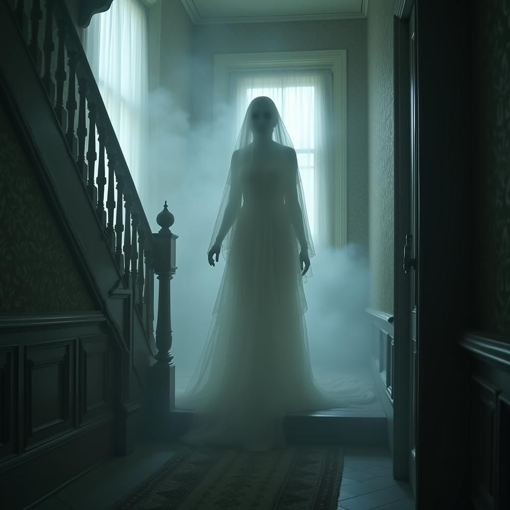 Ethereal Ghost Woman in Faintly Glowing Gown Stands in Old M...