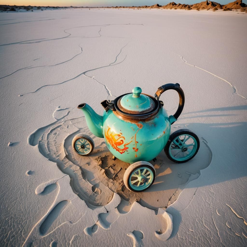 Vibrant Surreal Scene: Mint Teapot Wheels in Abandoned Lands...