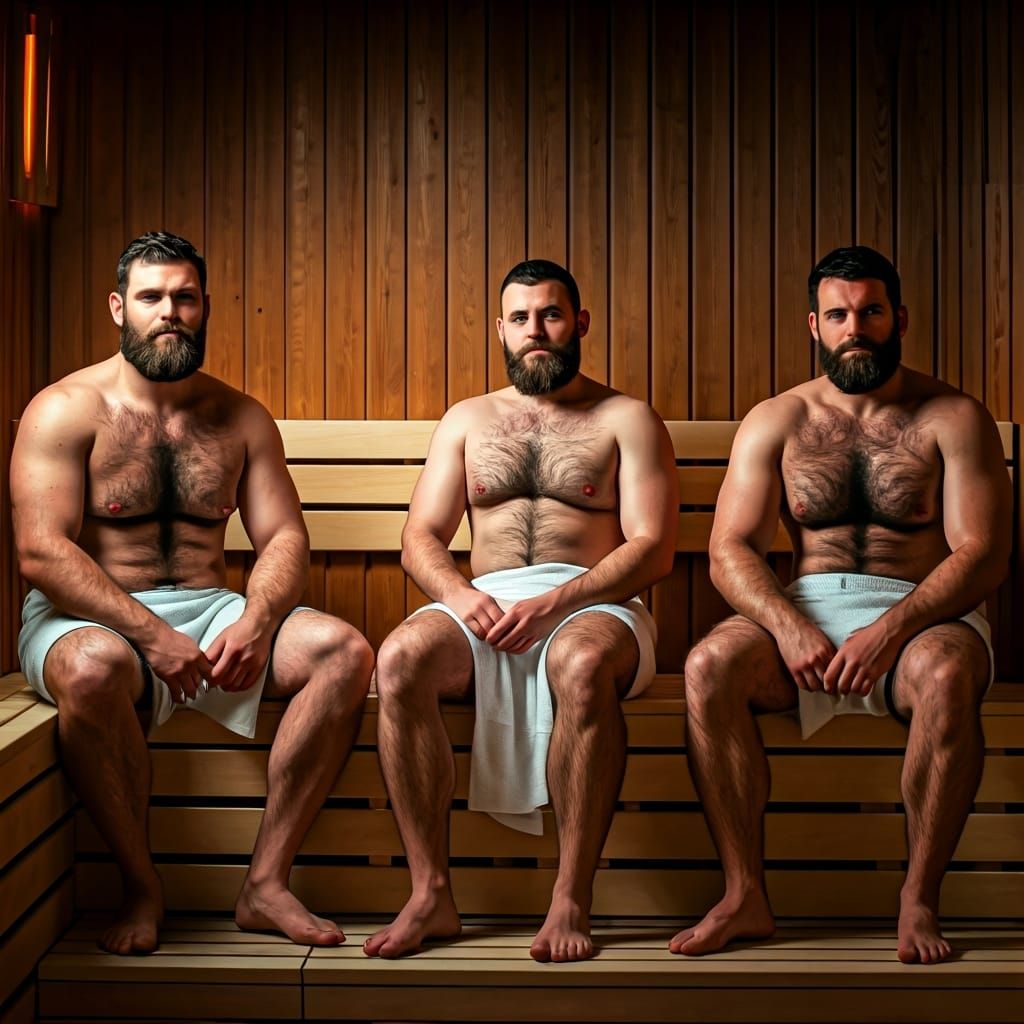 3 hairy muscular men with broad chests and thick hairy arms relaxing in a sauna