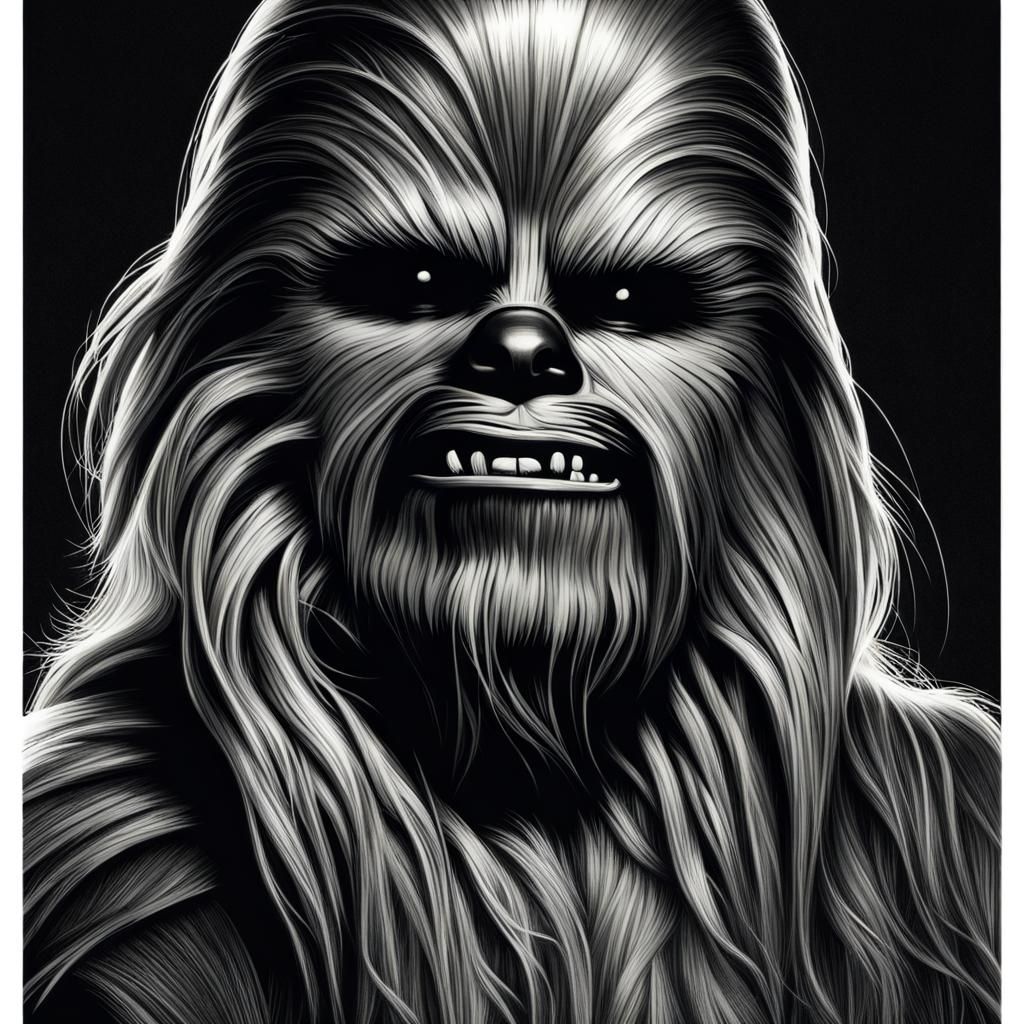Grayscale Line Art of Wookiee in Charcoal