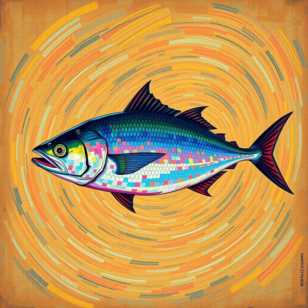 Surreal Tuna in Dreamlike Pixel Art Landscape