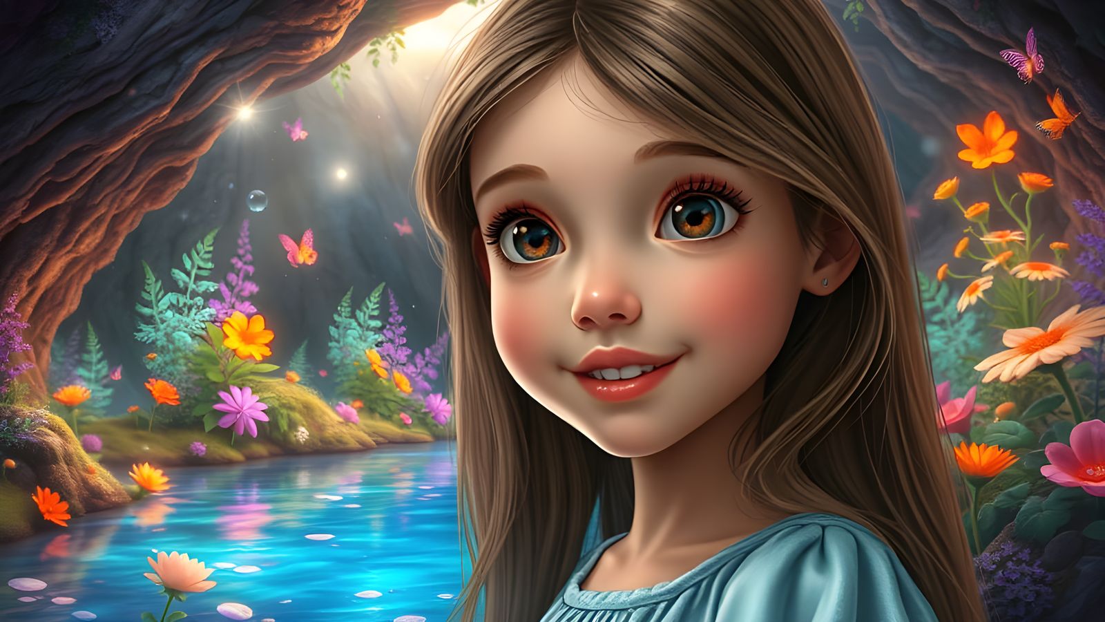 A Young Girl's Fascinated Face in a Whimsical Landscape