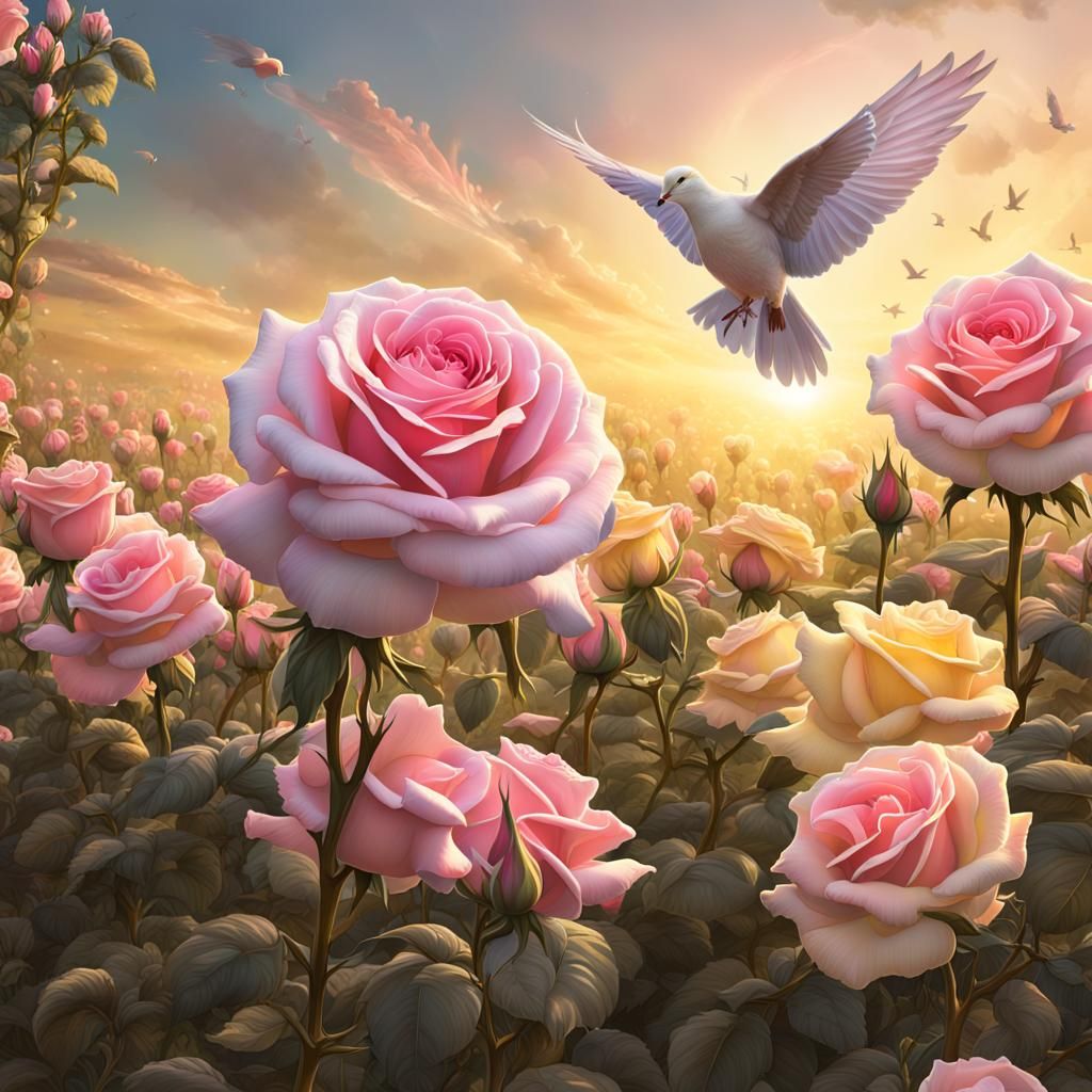 Ethereal Pink Pastel Hybrid Tea Roses in a Fantastical Field