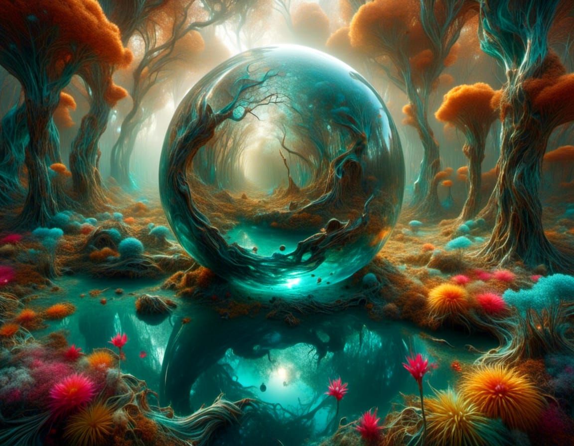 Enchanted Glass Orb Amidst Whimsical Bamboo Forest