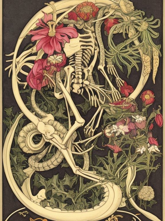 Ethereal Art Nouveau Skeleton Unveils Floral Apocalypse