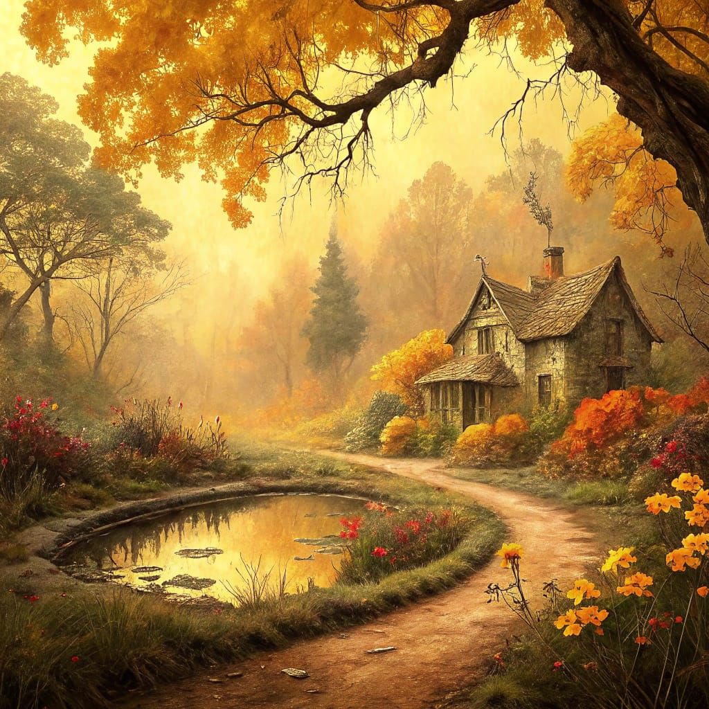 Mystical Tudor Cottage Scene in Vibrant Autumn Colors