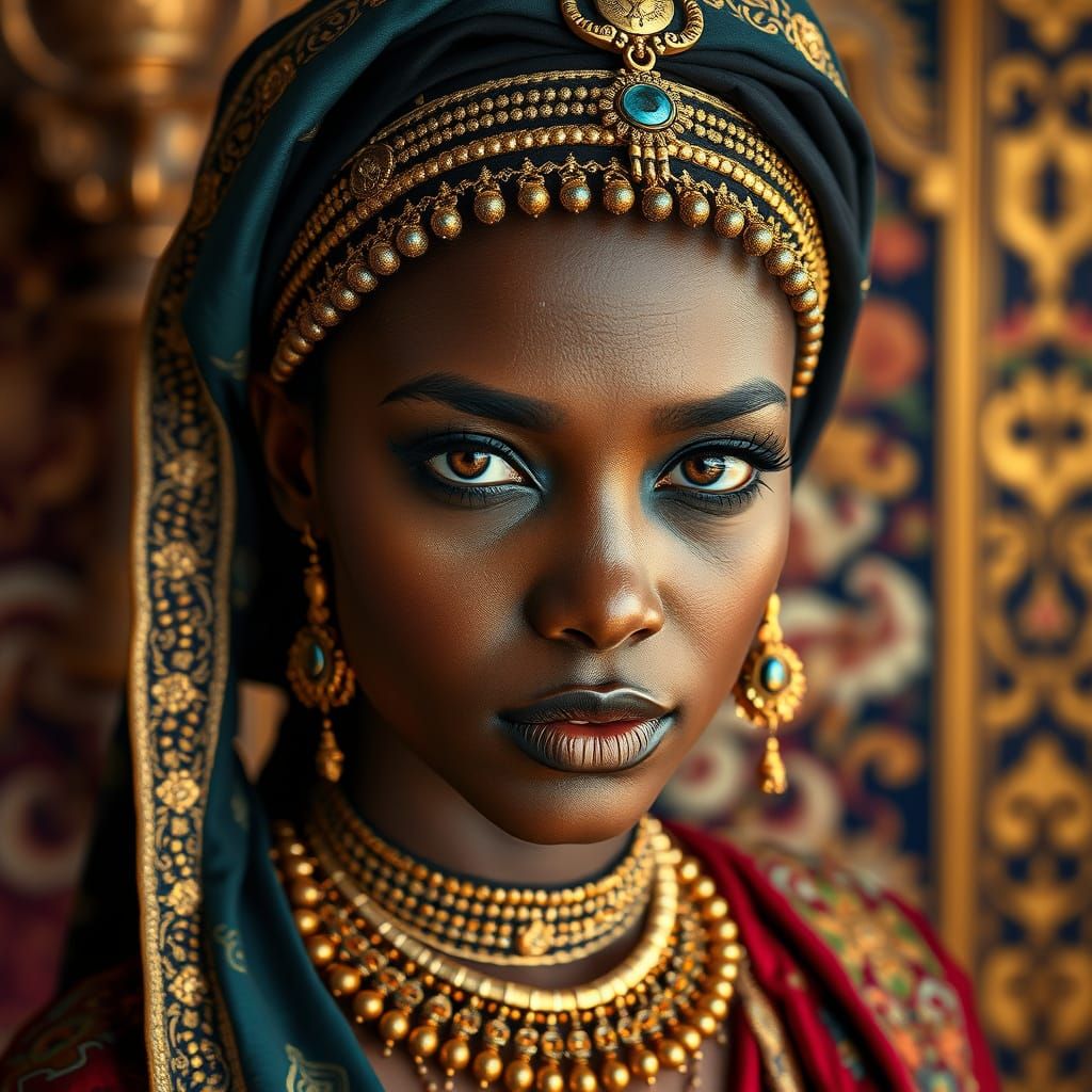 Regal Nubian-Egyptian Princess in Ornate Palace Harem