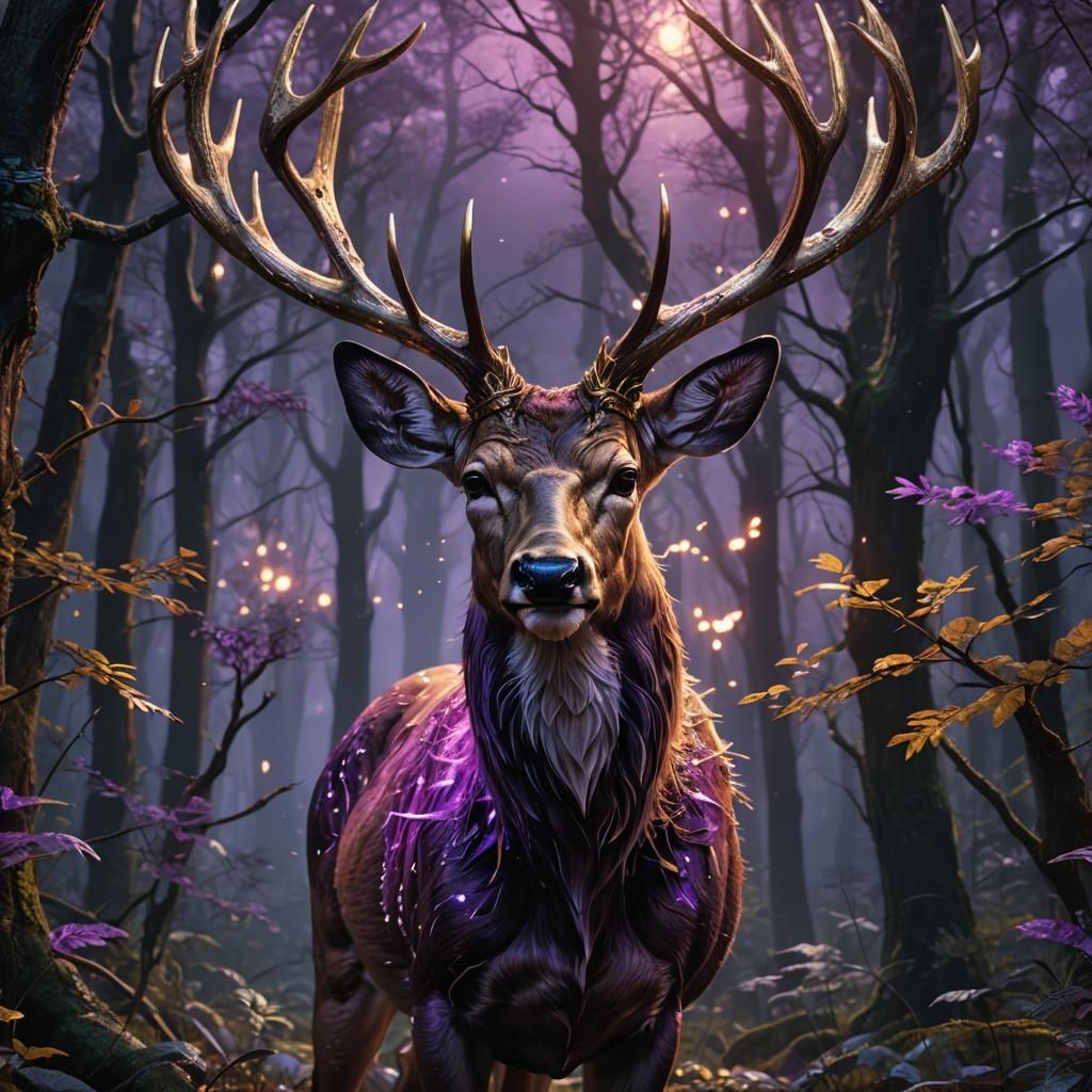 Majestic Deer with Violet Gold Dagger in Dark Forest