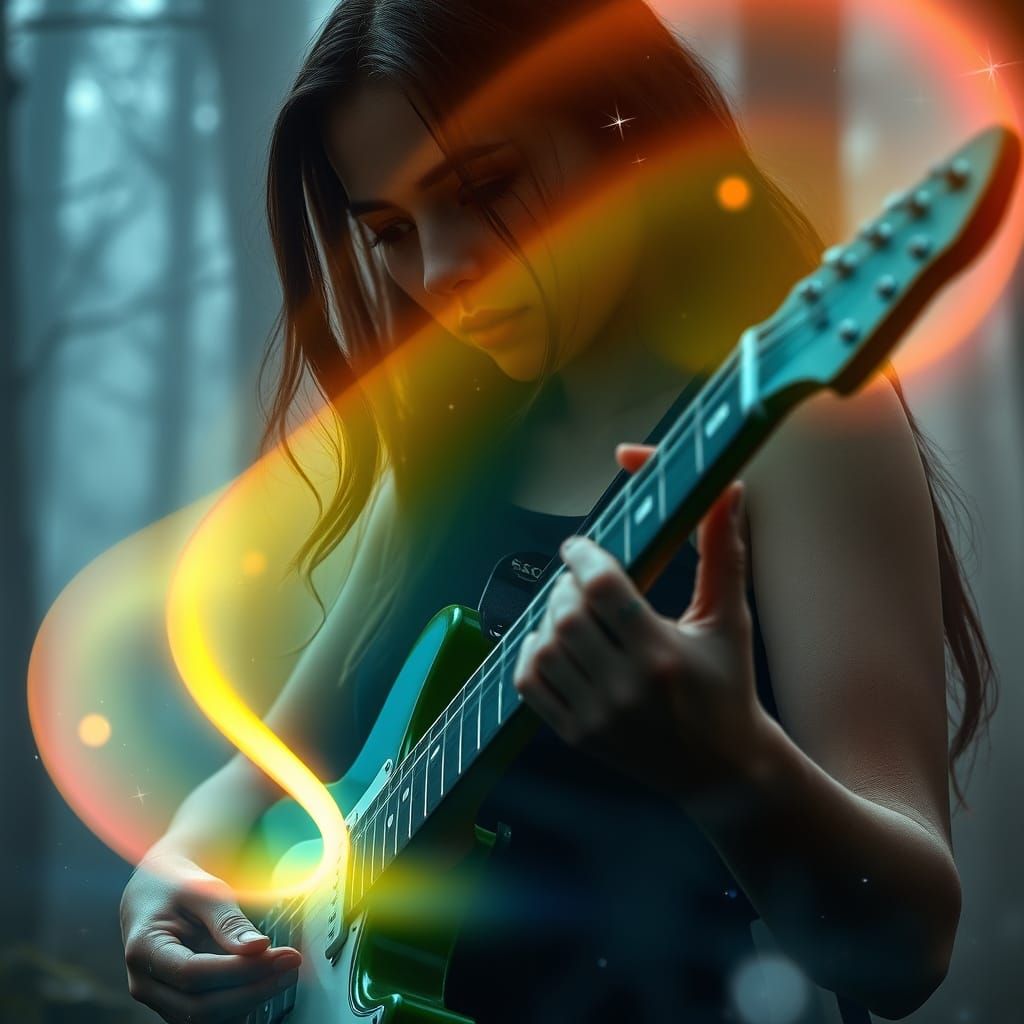 E-Guitarist in Foggy Forest with Aurora Guitar Effects