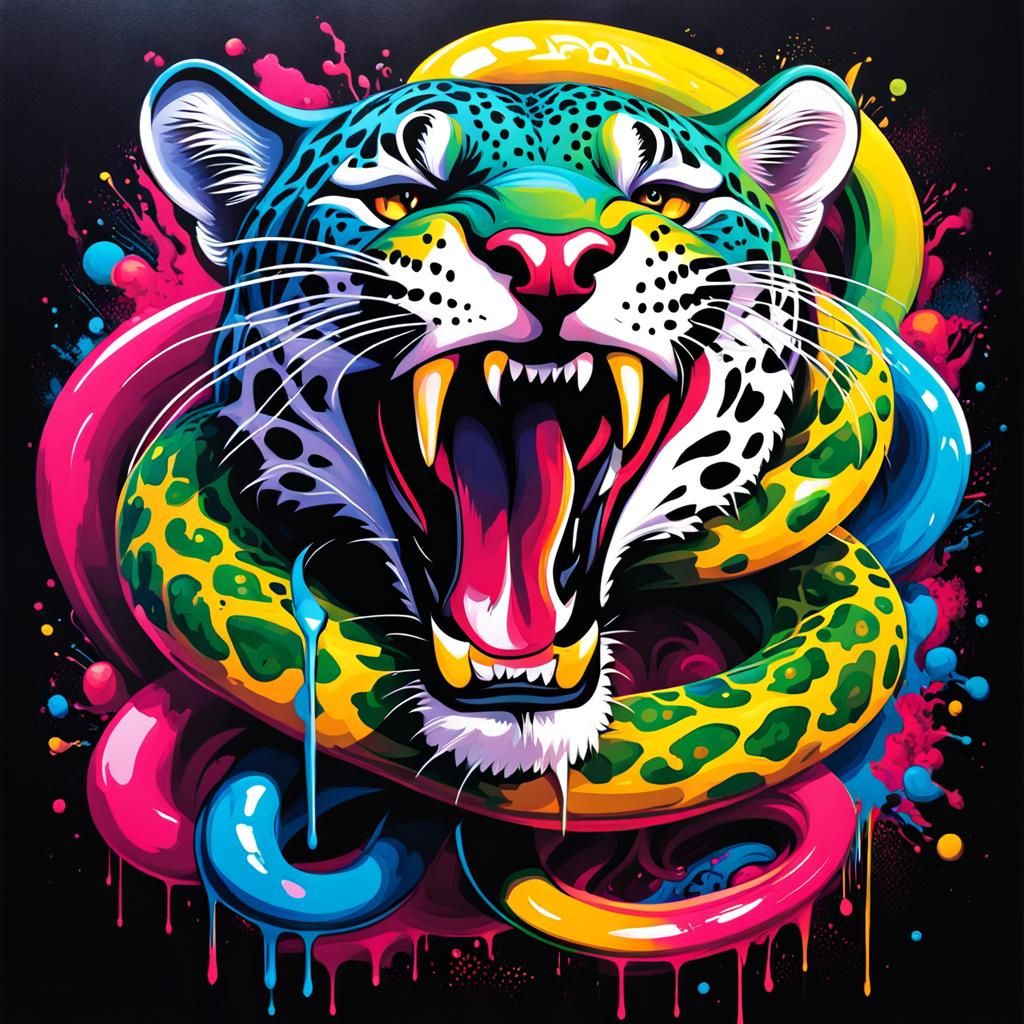 Ethereal Jaguar- Anaconda Fusion in Vibrant Graffiti