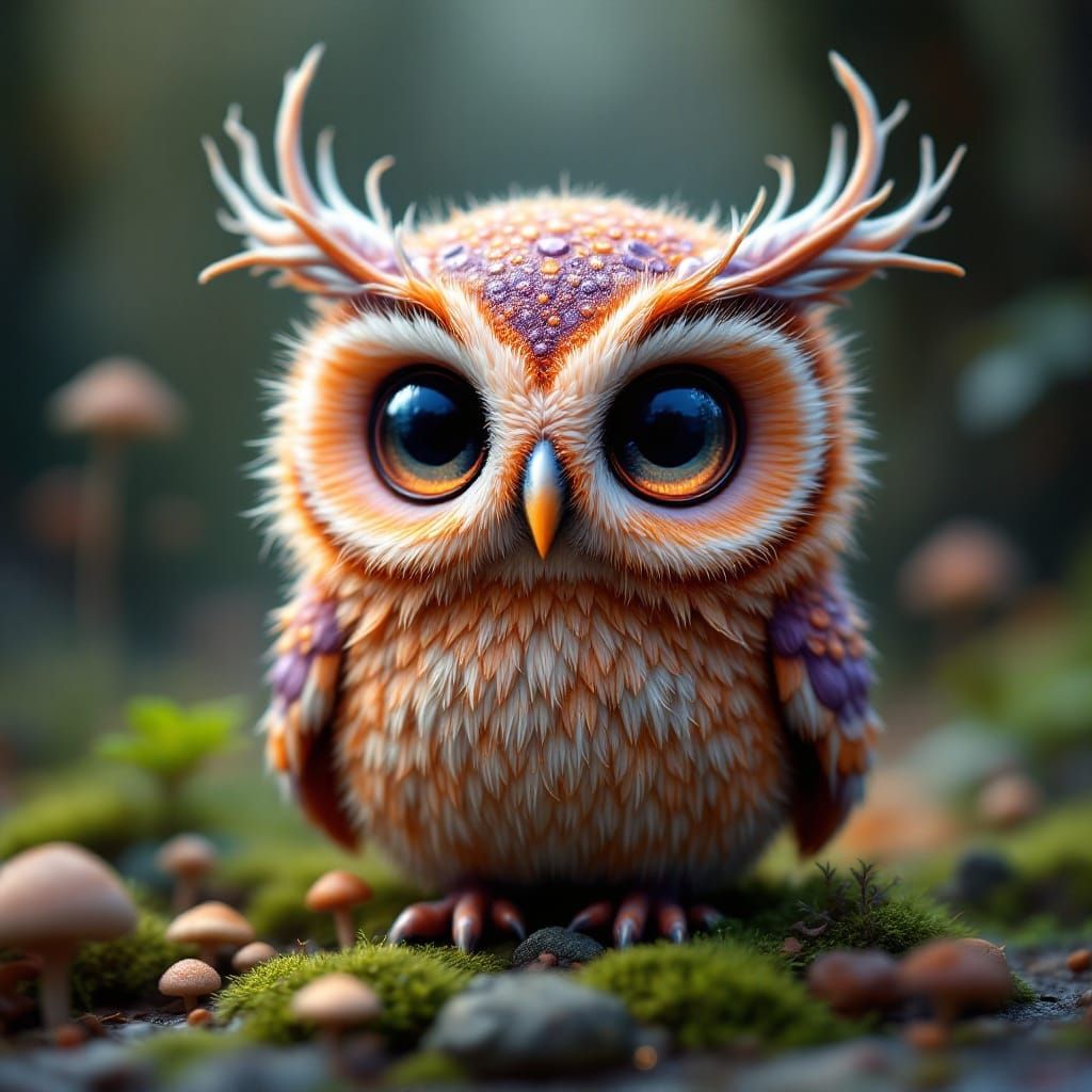 Fuzzy Fantasy Owl with Glowing Antennae and Vibrant Colors