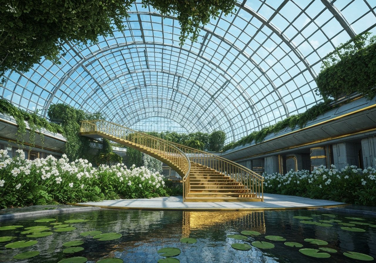 Futuristic Greenhouse With Lush Greenery and Sky Reflecting ...