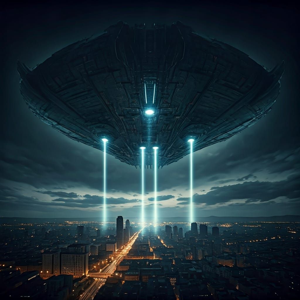 Alien Spaceship Over City at Night: Cinematic Still