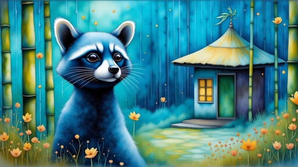 Whimsical Blue Raccoon in Turbulent Rangoon Monsoon