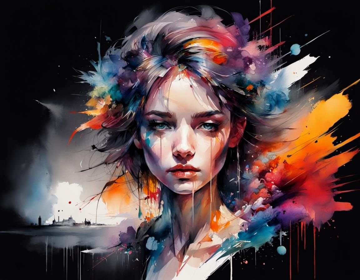 Ethereal Watercolor Art with Splashy Black Space