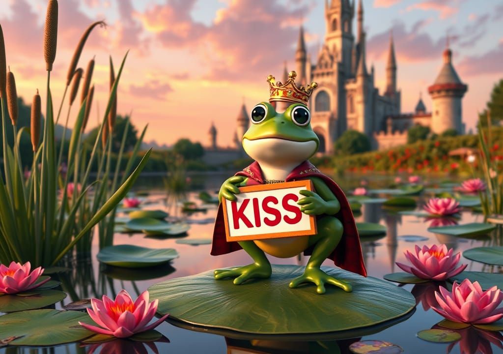 Pixar-Inspired Frog Prince in Whimsical Fairy Tale Landscape...