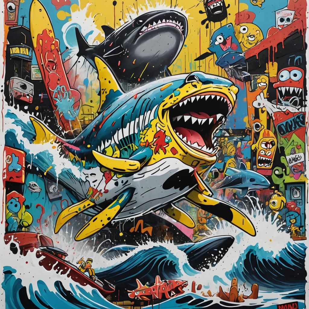 Vibrant Street Art Masterpiece: SpongeBob Surfs JAWS Shark
