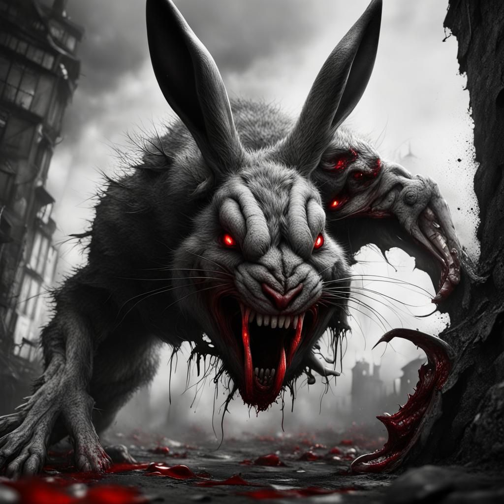 Menacing Rabbit with Bloody Fangs in Black and White