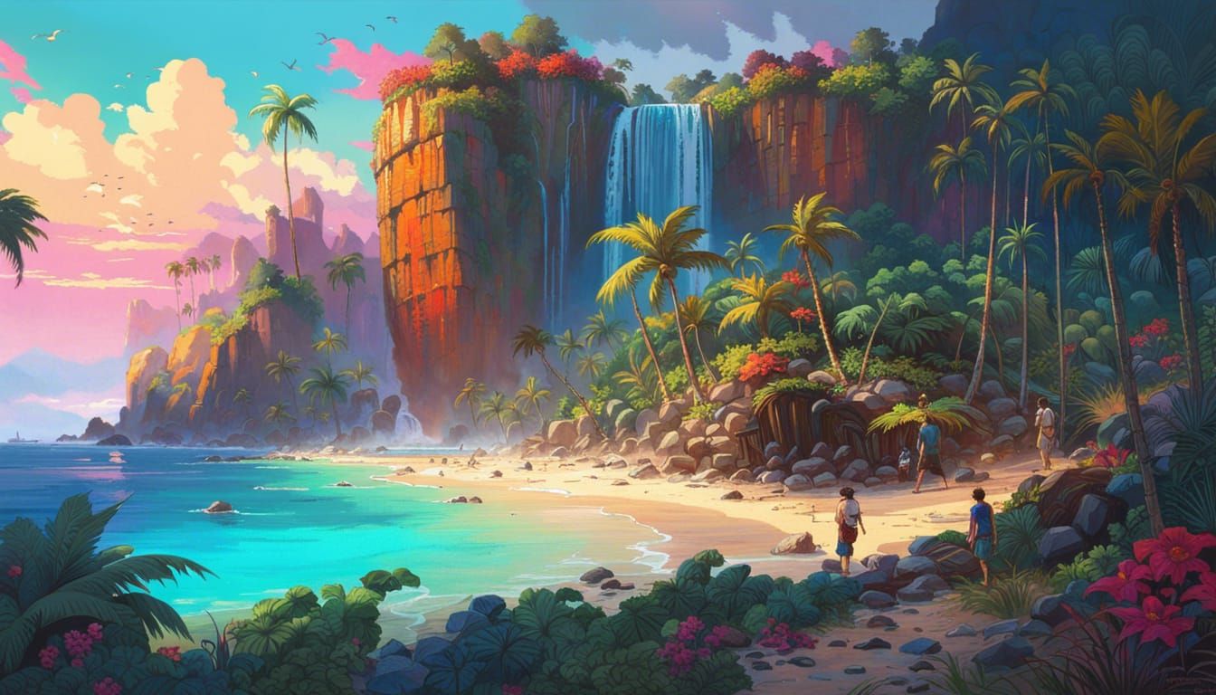 ""Gorgeous Tropical Island beach scene, beautiful light, sunset, waterfalls in distance”, maximalist hyperdetailed, by K...