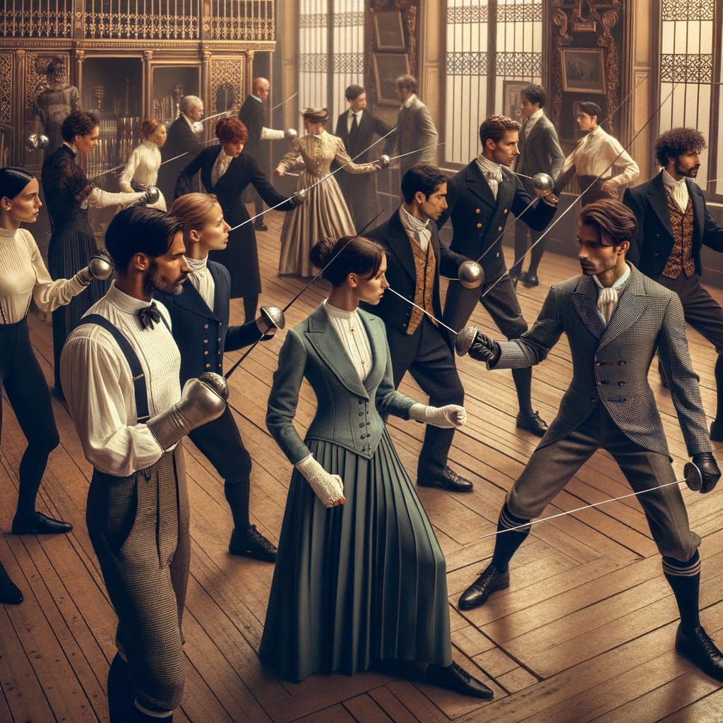 Edwardian-Era Spies Train in Elegant Gym with Fencing Foils ...