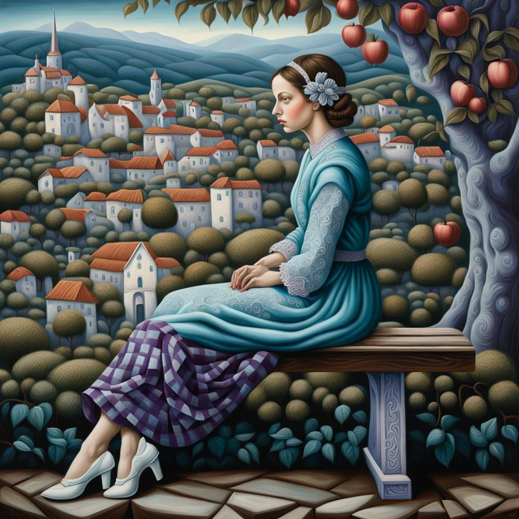 Elegant Woman Sits on Broken Bench in Dark Fantasy Village