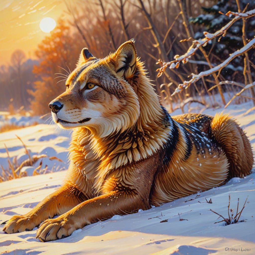 Animal Sunbathing in Winter: Expressionist Oil