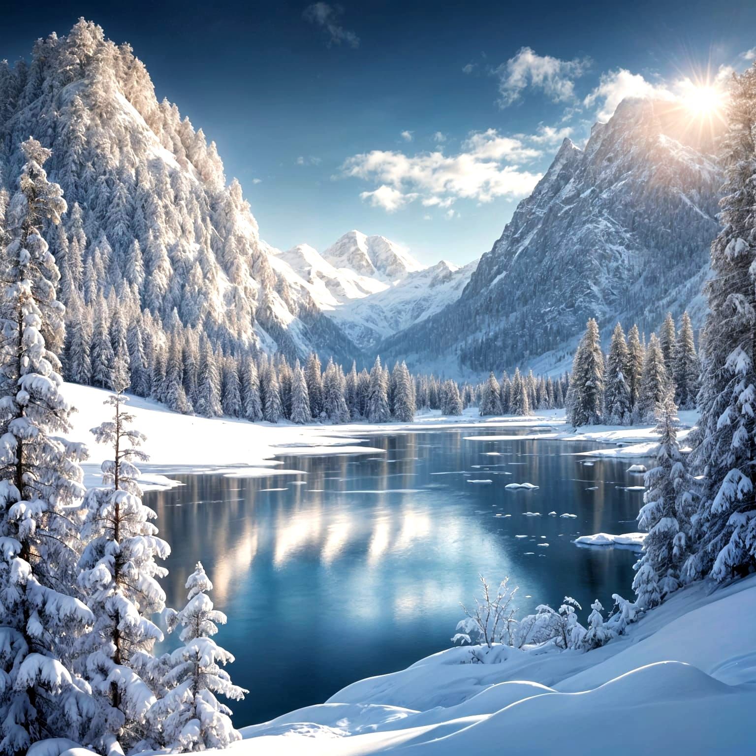Snowy Winter Landscape with Frozen Lake