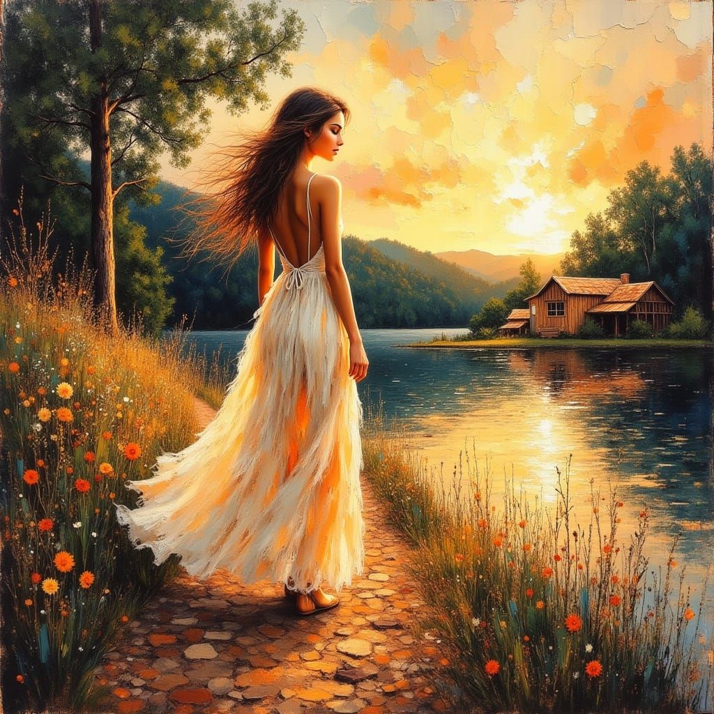 Woman at Sunset in Hyperrealistic Style