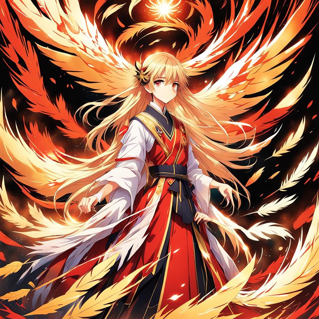 Young Lady with Vibrant Red Dress and Phoenix's Feather in W...