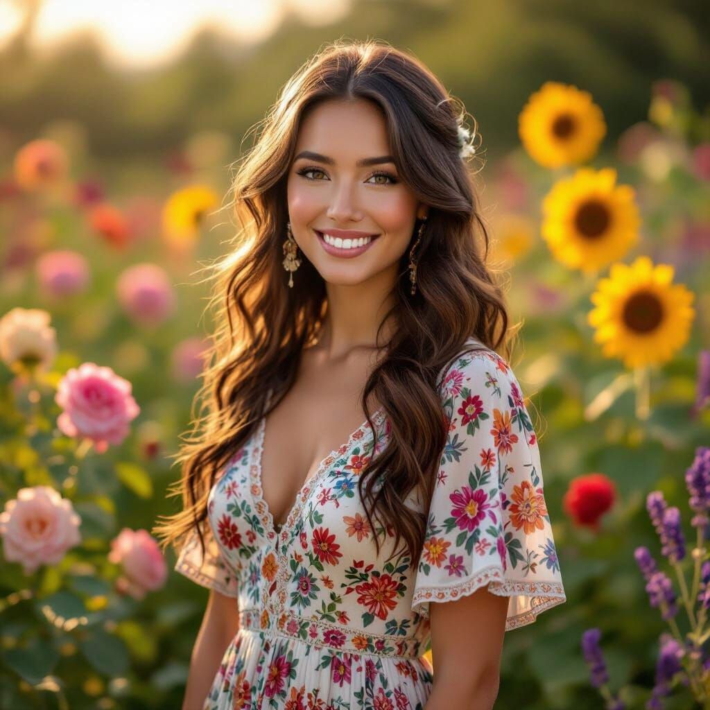 Latina Woman in Flower Garden, Alphonse Mucha Style