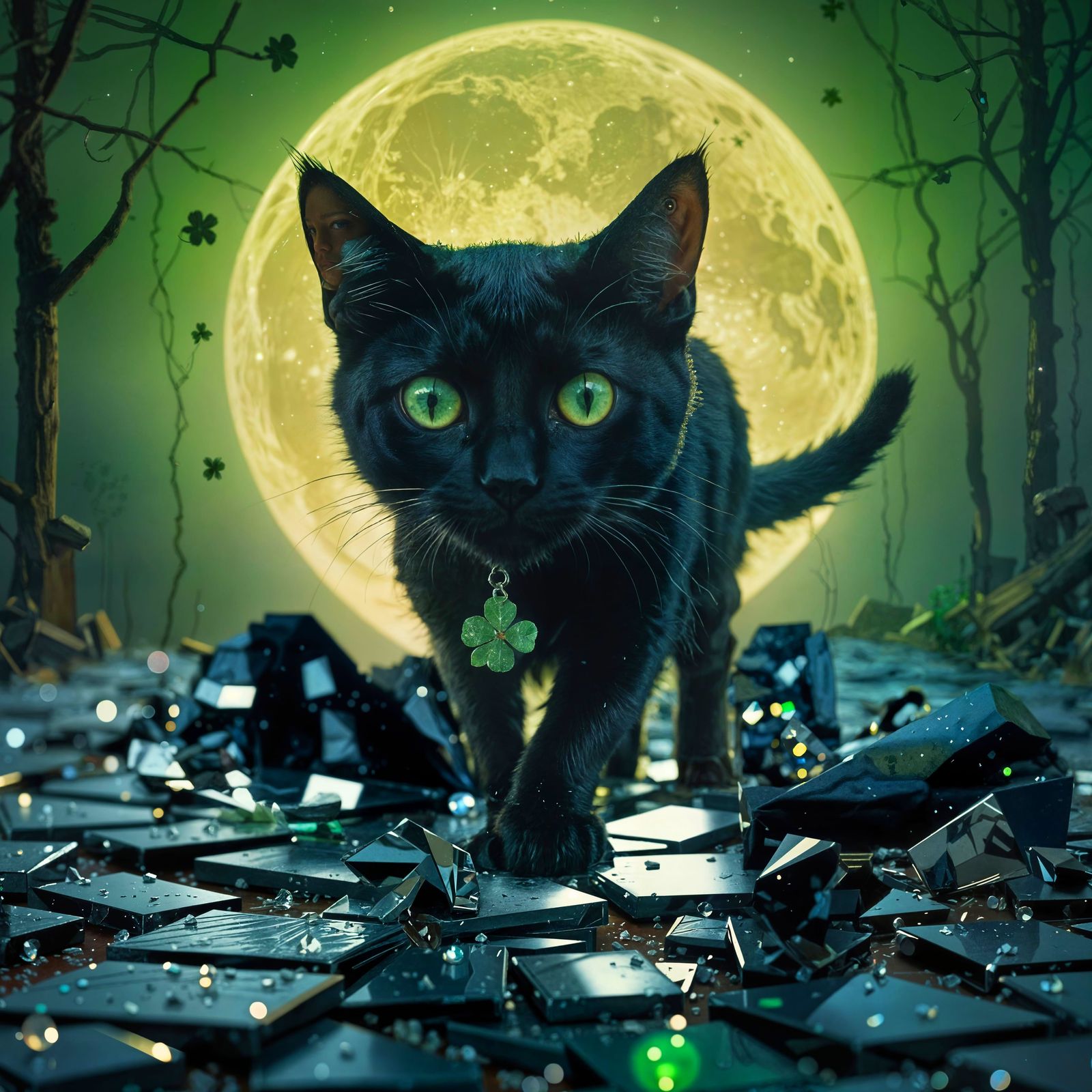 Mystical Realism Film Still: Black Cat in Moonlit Shadows