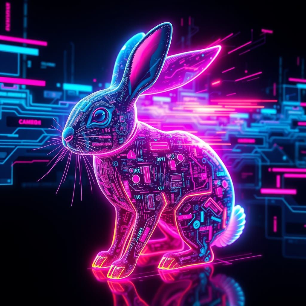 Cyberpunk Quantum Rabbit in Neon Holographic Aesthetic
