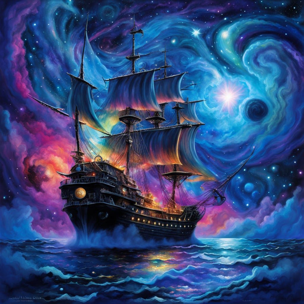 Spectral Pirate Ship Sails Through Starlit Nebula
