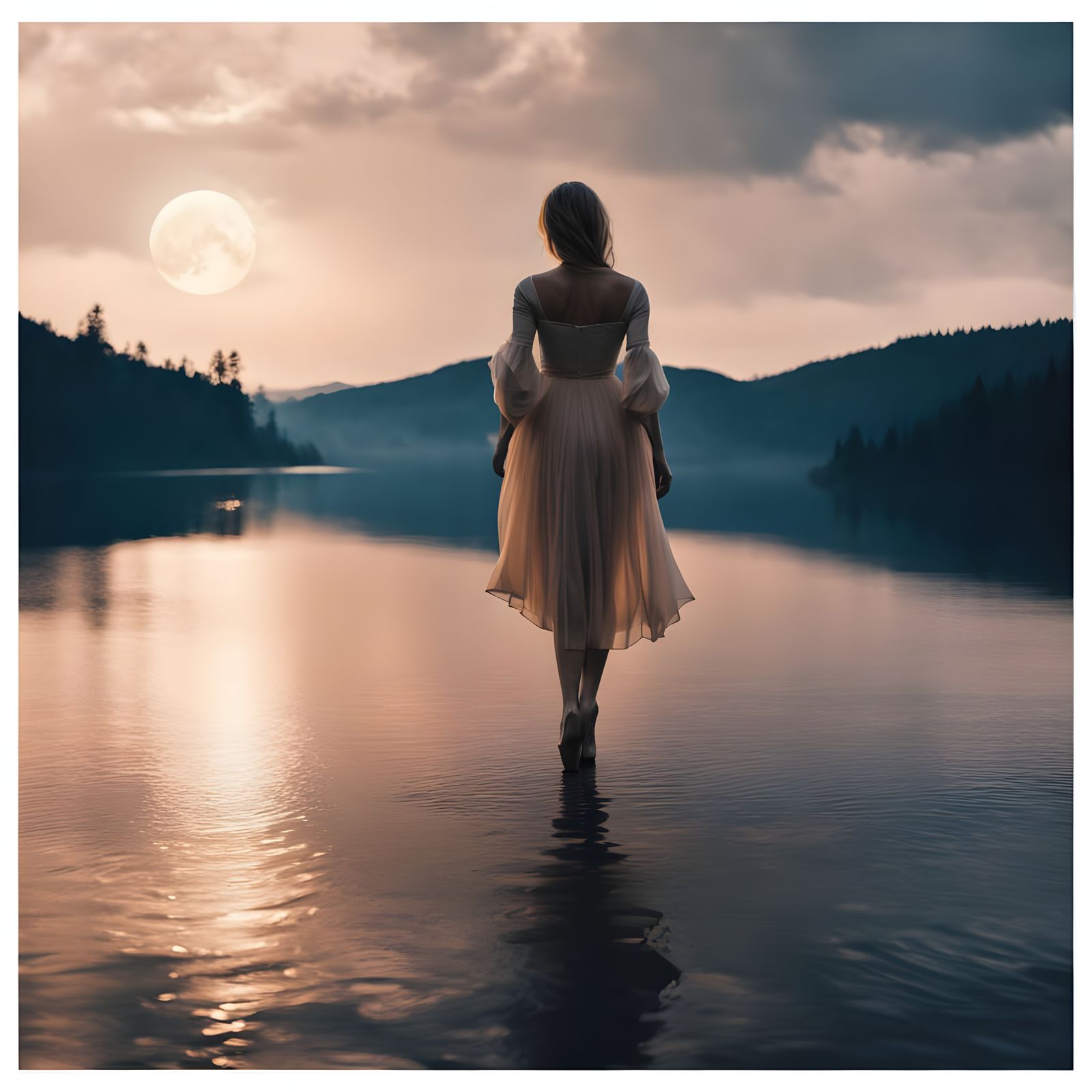 Serene Woman in Moonlit Splendor on Mountain Peak