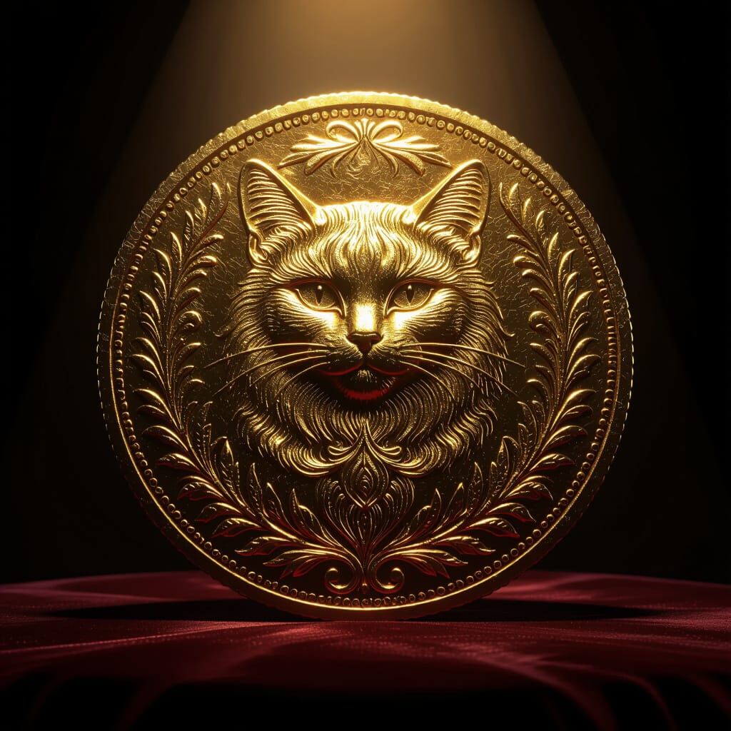Antique Golden Coin With Regal Cat Emblem
