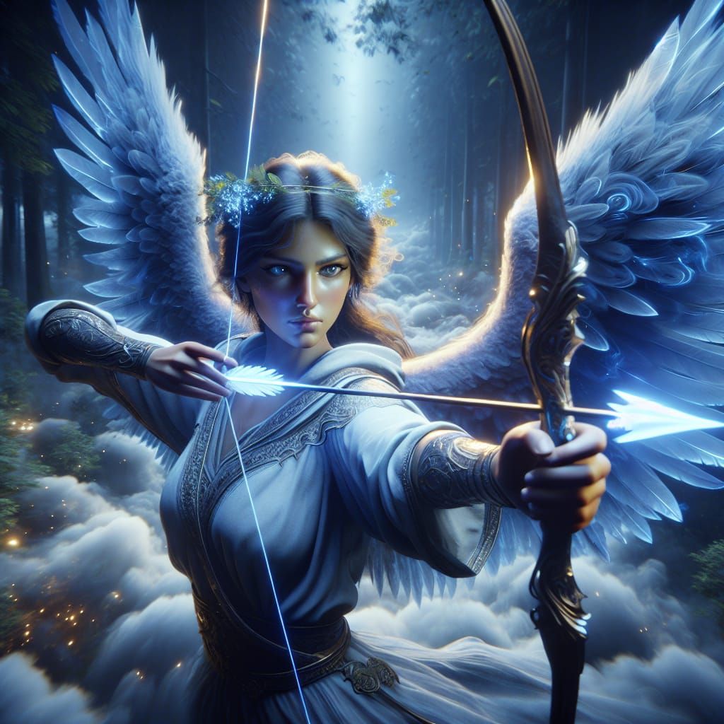Angel Archer in Dark Forest with Ethereal Blue Wings