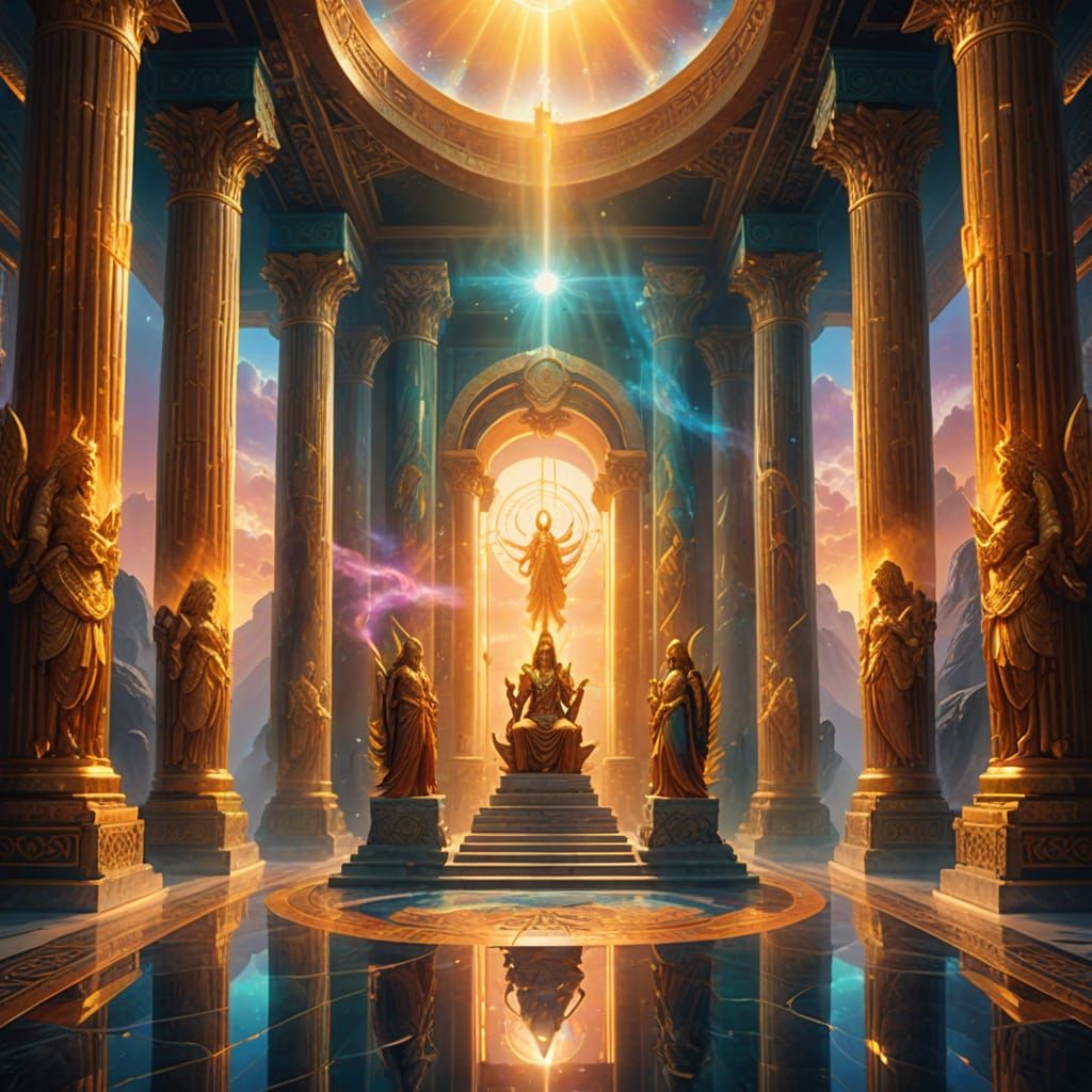 Celestial Gods in Astral Temple: Oil Painting