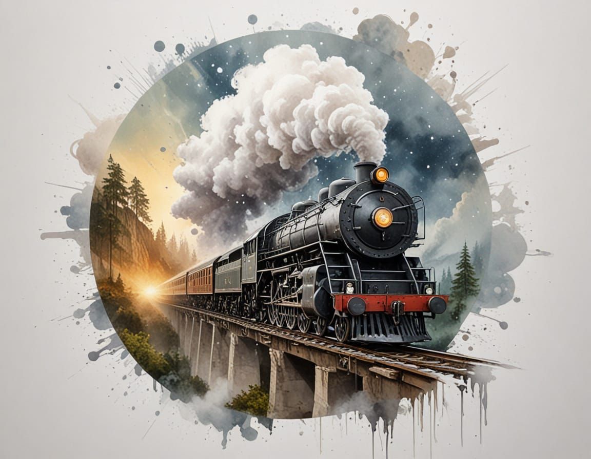 Steam Train Above Clouds in Starry Sky