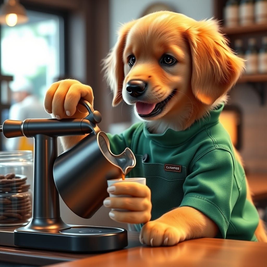 Golden Retriever Barista Pours Coffee with Flair