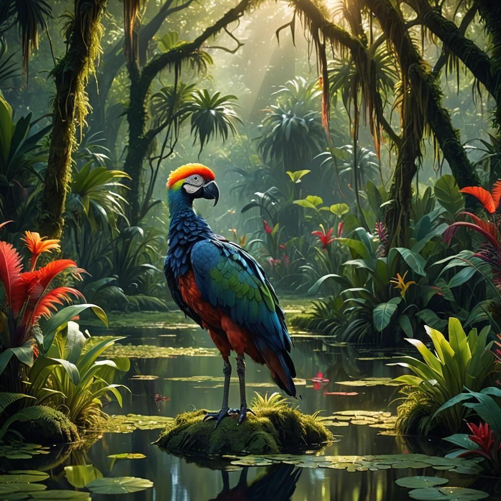 Vibrant Avian Creature Rises from Enchanted Swamp