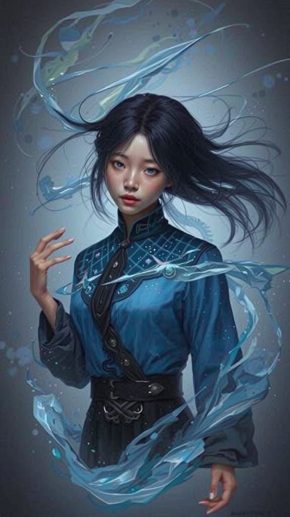 Dreamlike Impasto Portrait of a Blue-Skinned Korean Girl