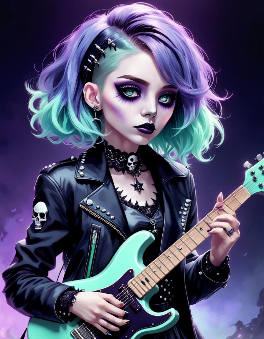 Pastel Goth Girl Playing Guitar