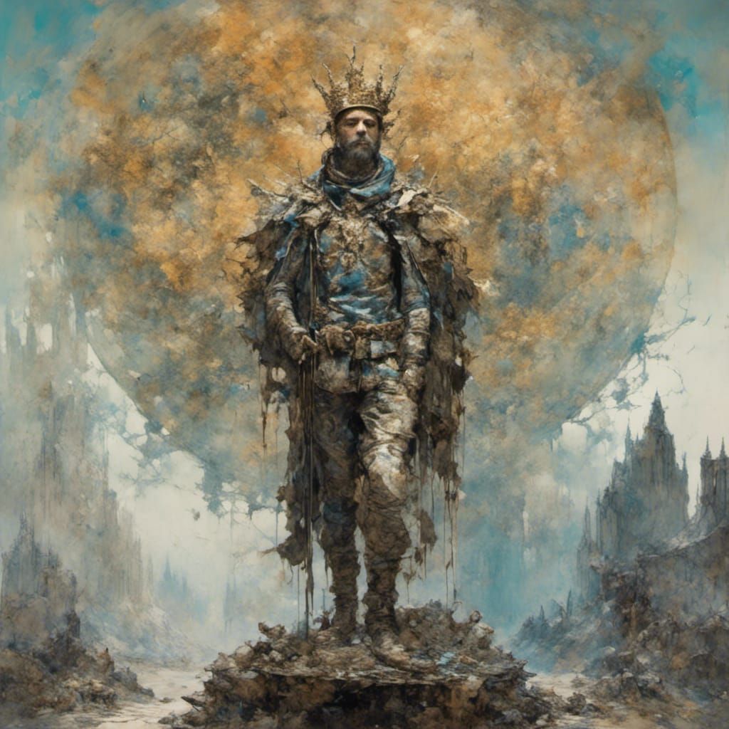 Man Wearing Celestial Crown in Double Exposed Oil Painting S...