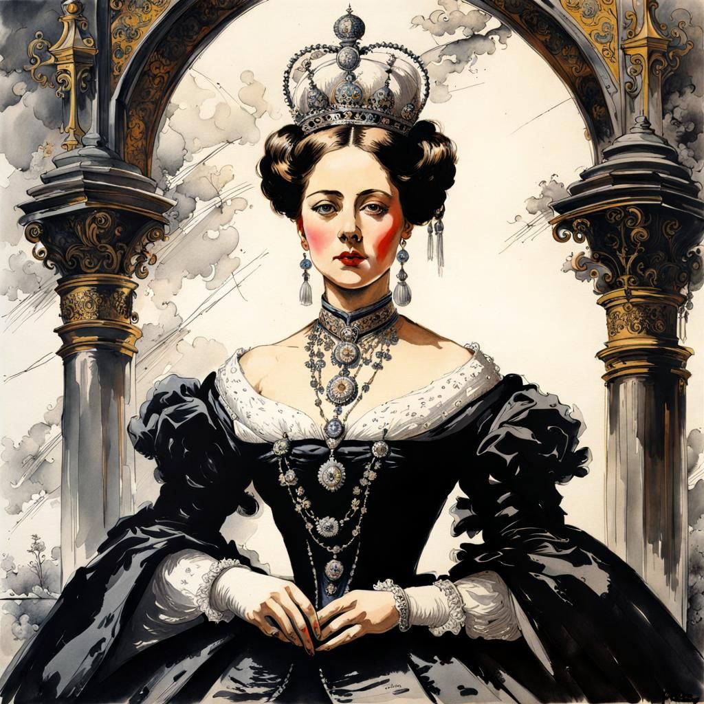Regal Beauty in Victorian Era Ink Painting
