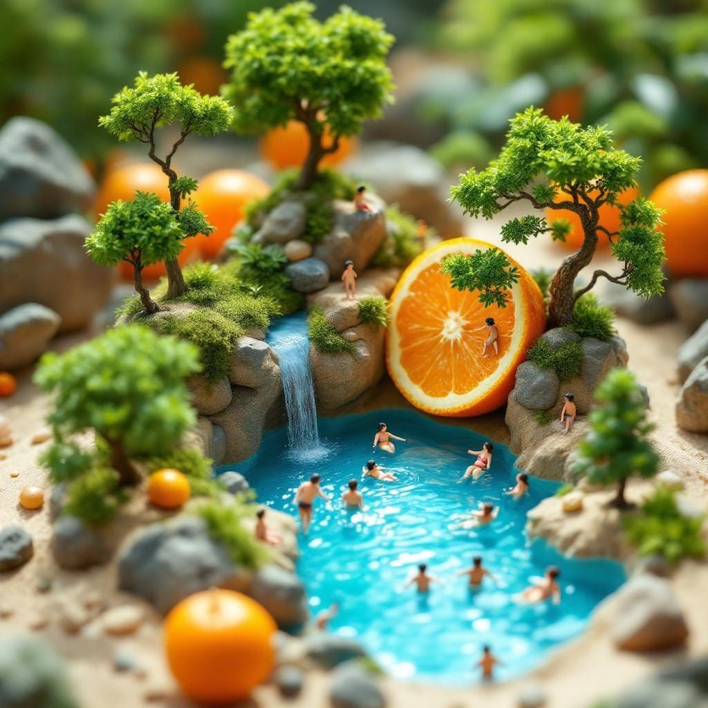 Miniature People Explore Fruit Landscape Diorama