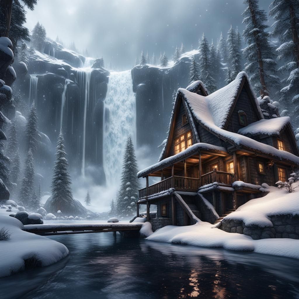 Snowy Cabin Basks in Winter Wonderland Amidst Majestic Water...