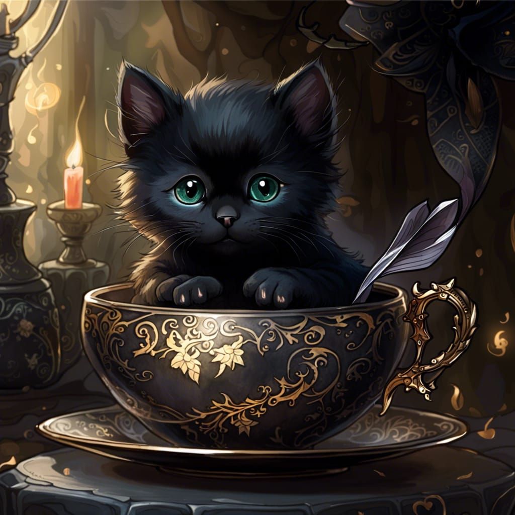 Whimsical Black Kitten in Enchanted Teacup