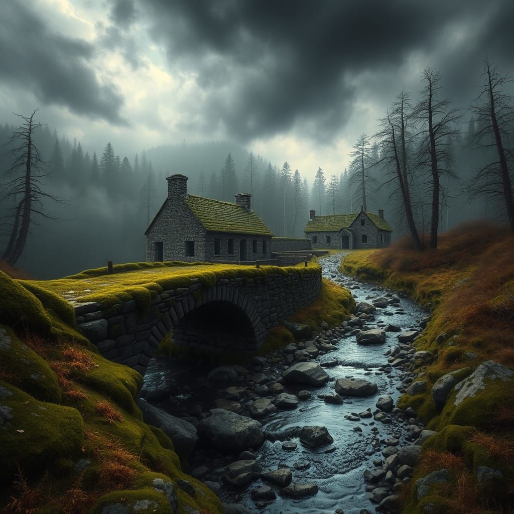 Misty Forest Stone Bridge in Romantic Style