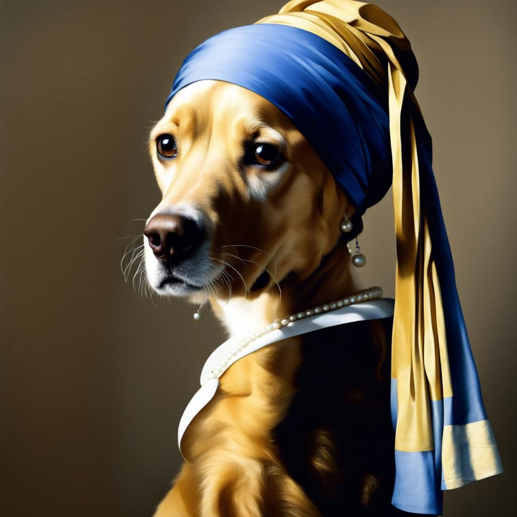 Golden Retriever with Pearl Earring in Dutch Master Style