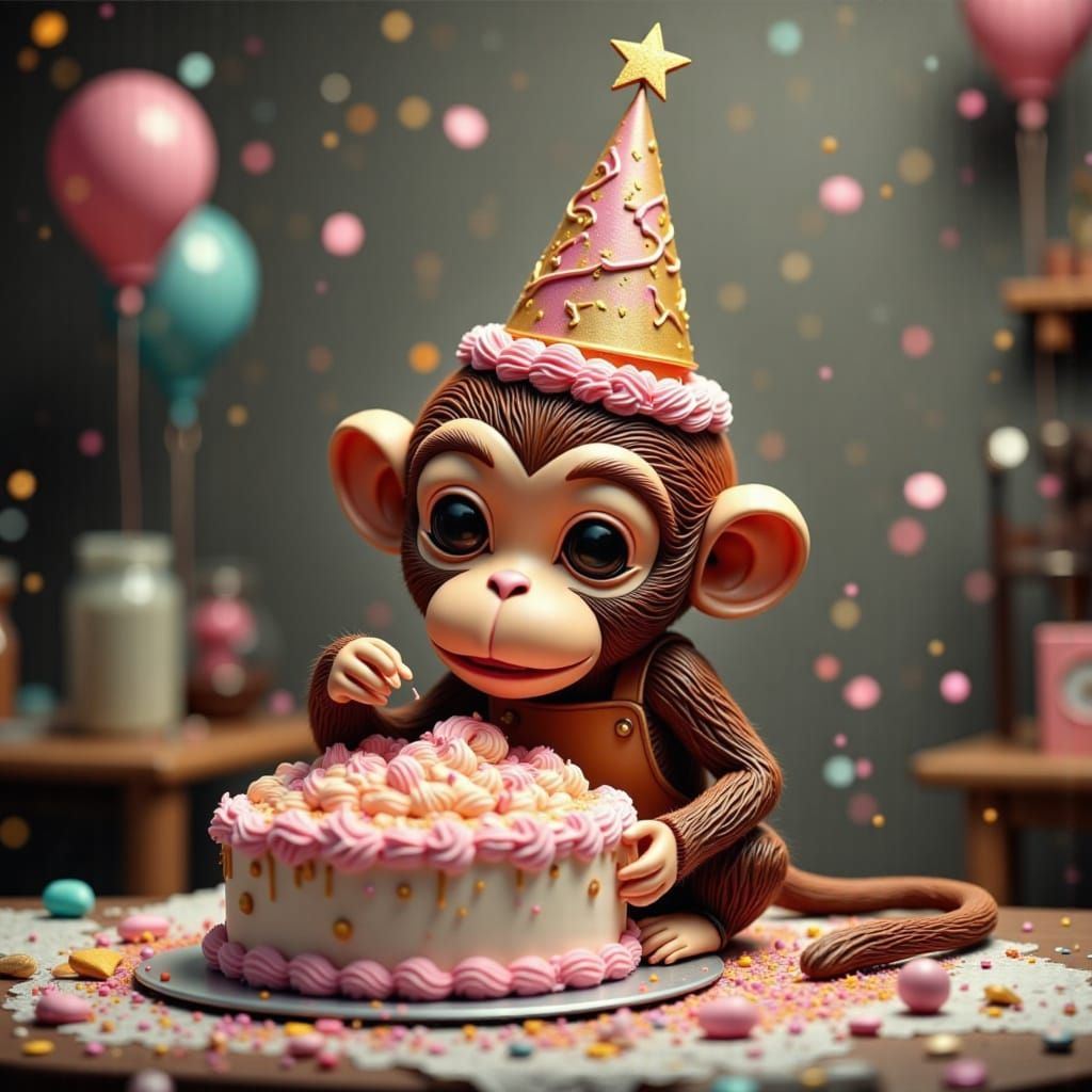 Chibi Cake Monkey Eating Smash Cake with Confetti Sparkles